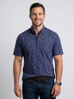 142 PAUL & SHARK Men's Short Sleeve Button Down Patterned Shirt - Blue, XL